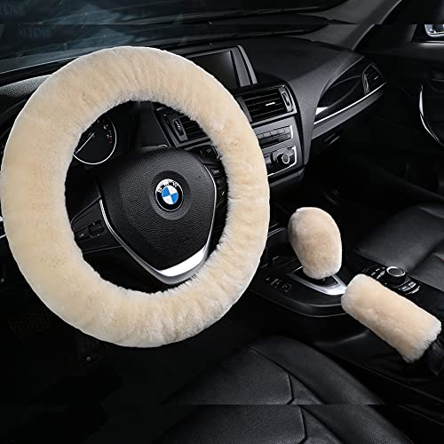 3Pcs/Set Pure Wool Fur Furry Steering Wheel Cover, Soft Fluffy Handbrake Cover Gear Shift Cover for Women Car SUV Truck Australia Sheepskin Accessories - color: Champagne, size: Shearling Wool