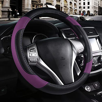 Leather Car Steering Wheel Cover, Non-Slip Car Wheel Cover Protector Breathable Microfiber Leather Universal Fit for Most Cars (Purple-2) - color: Purple-2