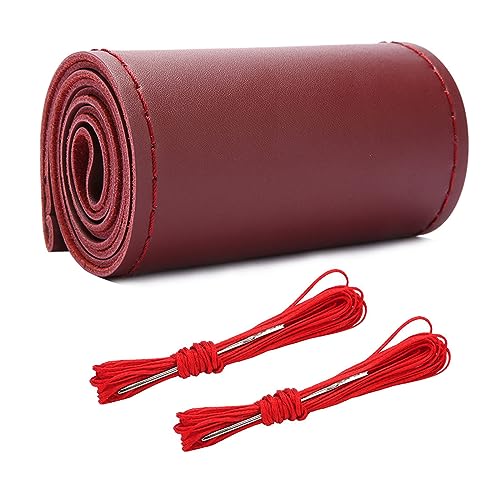 Wevdn Genuine Leather Steering Wheel Cover, Stitch on Wrap, DIY Sewing Steering Wheel Protector, 15 Inch Breathable Non-Slip Steering Wheel Protector, Car Accessories (Wine Red, Glossy) - color: Wine Red, size: Glossy