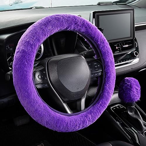 SEG Direct Furry Car Steering Wheel Cover with Fluffy Gear Shift Cover Soft Warm Non-Slip Car Decoration for Women Girls 2 PCS Set, Purple - color: Purple