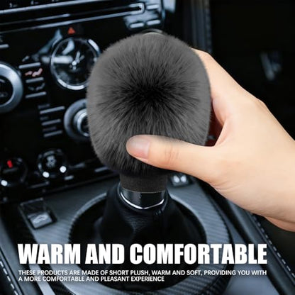 2PCS Plush Car Gear Shift Knob Cover & Handbrake Cover, Shift Knob Protector, Soft Fluffy Gear Handbrake Protective Sleeves, Shifter Lever Brake Handle Warm Plush Set for Cars (Black) - color: Black