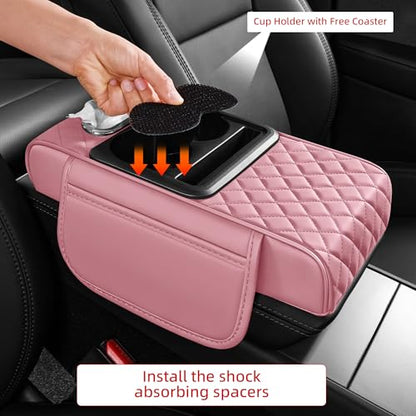 5 in 1 Car Center Console Cover, Armrest Pad with 2 Storage Pockets, Cup Holder, Tissue Box Slot, Phone Holder, Universal Car Interior Organizer (Pink) - color: Pink