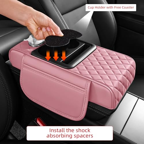 5 in 1 Car Center Console Cover, Armrest Pad with 2 Storage Pockets, Cup Holder, Tissue Box Slot, Phone Holder, Universal Car Interior Organizer (Pink) - color: Pink