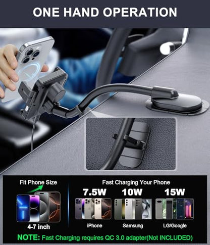 MOKPR Wireless Car Charger, Adjustable Gooseneck Car Mount Auto-Clamping Car Charger, Dashboard [with Anti Shake stabilizer] Phone Holder fit for iPhone 17 16 15 14 13 12, Samsung,with QC 3.0 - style: Dash with QC 3.0