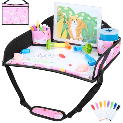 COOLBEBE Kids Travel Tray for Toddler Car Seat, Portable Car Seat Lap Tray with 2 Cup Holders, Pink Unicorn Travel Tray for Airplane, Road Trip Activities for Kids - color: Pink Unicorn