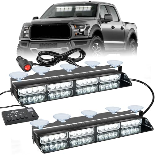 Nilight 32LED White Emergency Dash Strobe Lights with Controller Suction Cups Warning Hazard Interior Front/Rear Windshield Deck Split Light Bar for Trucks Construction Vehicles - color: White