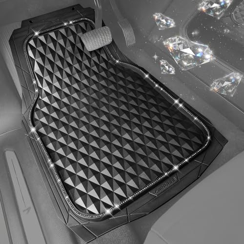 CAR PASS Bling Diamond Rubber Car Mats, Heavy Duty Deep Dish All-Weather Floor Mat Full Set Anti-Slip 3D Rhombus Waterproof Trim to Fit Liner Universal Glitter Sparkly Shining Rhinestone, 3 Pcs Black - color: Black Diamond