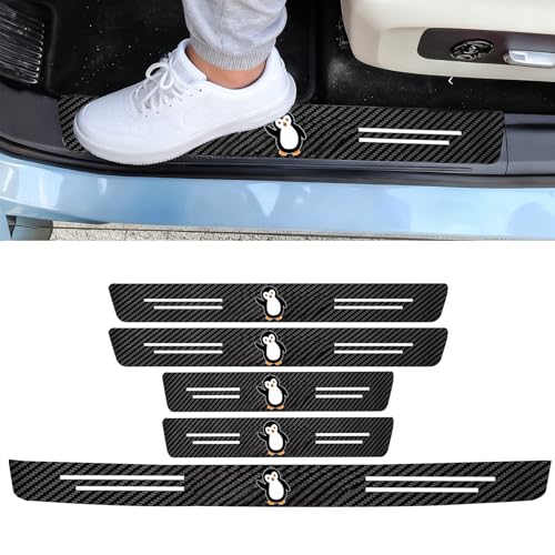Penguin 5PCS Car Door Sill Protector,Carbon Fiber Leather Door Sill Sticker,Decor Doors Sill Scuff Plate Sticker for All Car Models,Penguins Gifts for Men Women,Penguin Car Accessories Decor - color: Penguin
