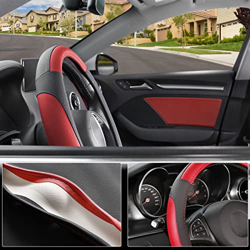 SEG Direct Car Steering Wheel Cover for Prius Civic Model 3 Model Y Camaro, Small Size 14-14.25 inch, Black and Red Microfiber Leather - color: Black and Red, size: Small size[14''-14 1/4'']