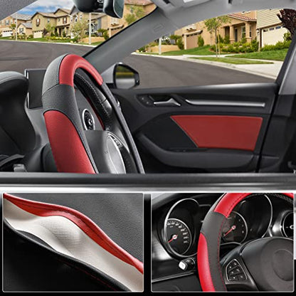 SEG Direct Car Steering Wheel Cover for Prius Civic Model 3 Model Y Camaro, Small Size 14-14.25 inch, Black and Red Microfiber Leather - color: Black and Red, size: Small size[14''-14 1/4'']