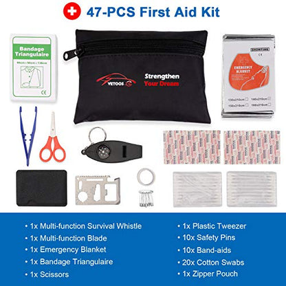Vetoos Roadside Emergency Car Kit with Jumper Cables, Auto Vehicle Safety Road Side Assistance Kit Essentials, Winter Car Kit for Women and Men, with Mini Car Tool Set, Dial Tire Pressure Gauge - style: Essential Kit + Mini Tool Set