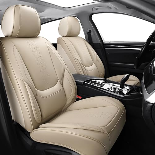 Car Seat Covers Full Set, Beige Leather Seat Covers, Breathable Front and Back Car Seat Protectors, Wear-Resistant Seat Covers Universal Fit for Most Cars SUV Truck (Beige-Solid, Full Set) - color: Beige-Solid, size: Full Set