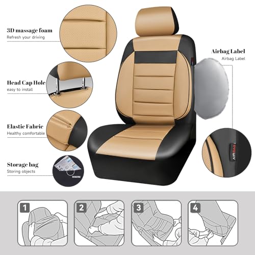 CAR PASS Leather Seat Covers Full Set Universal Water Resistant 3D Foam Back Support, Luxury Comfort Automotive 5 Seat Covers All Season Fit for SUV,Sedan,Van, Airbag Compatible Elegance(Beige Black) - color: Black and Beige