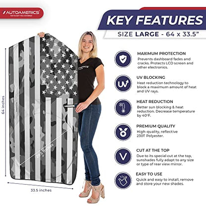 Autoamerics 1-Piece Windshield Sun Shade Gray Camo American Flag USA Design - Foldable Car Front Window Sunshade for Most Sedans SUV Truck - Blocks Max UV Rays and Keeps Your Vehicle Cool - Large - color: USA GRAY CAMO FLAG, size: LARGE = 64 x 33.5 inches