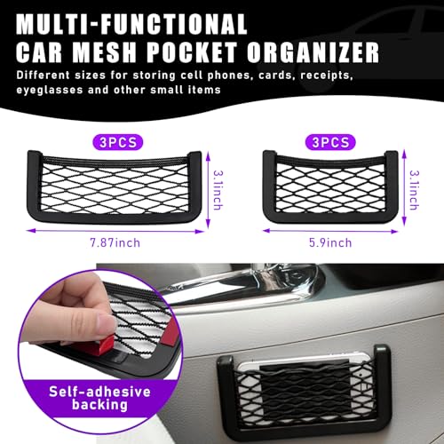 Dickno 6 PCS Car Pocket Phone Net, Universal Seat Side Storage Net Bag with Double Sided Tape, Automotive Frame Storage Net Pocket, Vehicle Interior Organizer for Phone Purse Bag - size: 6PCS