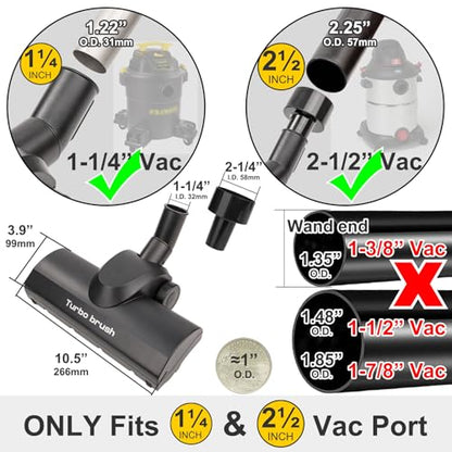 Turbo Brush Head Shop Vac Accessory 1.25" with 2.5" Hose Adapter, as 1-1/4" 2-1/2" Shopvac Attachment Wet Dry Vacuum Adaptor, Ideal for Pet Hair Removal on Carpets Area Rugs Hardfloors - style: Turbo Brush