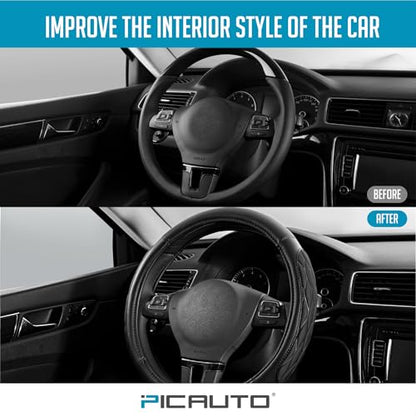 PIC AUTO Steering Wheel Cover, Black Thick Rhombic Foam and Premium Leather, Universal 14.5-15.5 Inch Breathable Anti-Slip Steering Wheels Accessories for Men & Women - color: Black