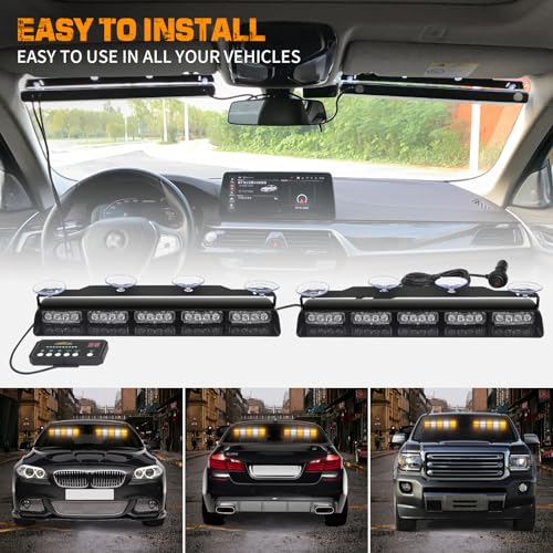XRIDONSEN 2x 17 inch Emergency Dash Strobe Lights for Trucks Interior Front/Rear Windshield Lights 40 LED Amber White Safety Warning Hazard Lights w/Controller for Plow Trucks Construction Vehicles - color: Amber/White