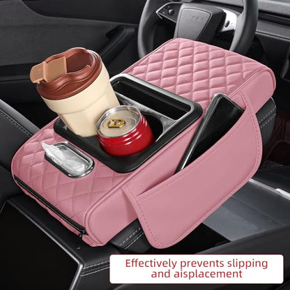 5 in 1 Car Center Console Cover, Armrest Pad with 2 Storage Pockets, Cup Holder, Tissue Box Slot, Phone Holder, Universal Car Interior Organizer (Pink) - color: Pink