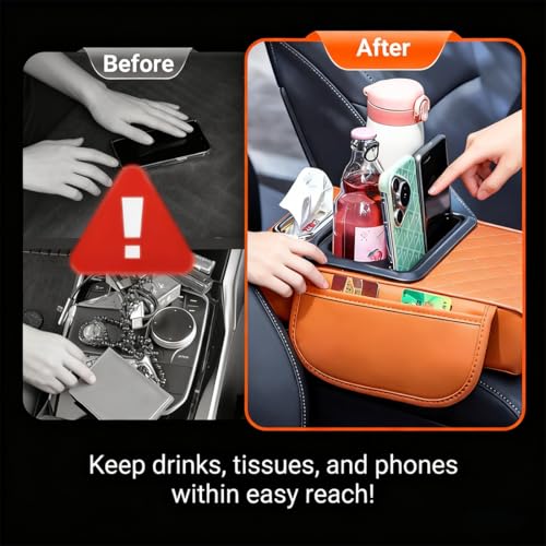 Multifunctional Pu Leather Car Armrest Box Mat, 2026 New Center Console Cover with Cup Holder, Storage Bags, Tissue Boxs Slot, Phone Slot Car Armrest Storage Box Organizer for Most Cars