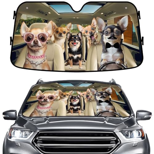 GENANY Chihuahua Dog Family Funny Windshield Sun Shade for Car SUV Truck (55x30 Inches), Sun Shade Windshield, Shades for Front Windows, Sunshade for Car Windshield, Spring Car Decor - color: 15.Chihuahua Family, size: Size S