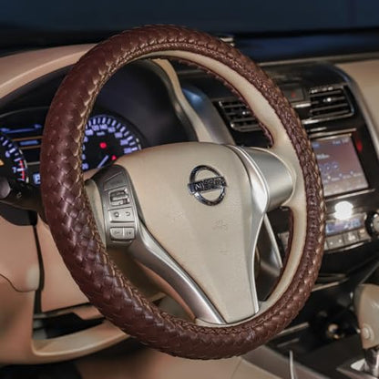Carwales Elegant Men Steering Wheel Cover Leather for Car Hand-Made Wheel Wrap Hand Woven Universal 14.5-15 Inch Brown - color: Brown