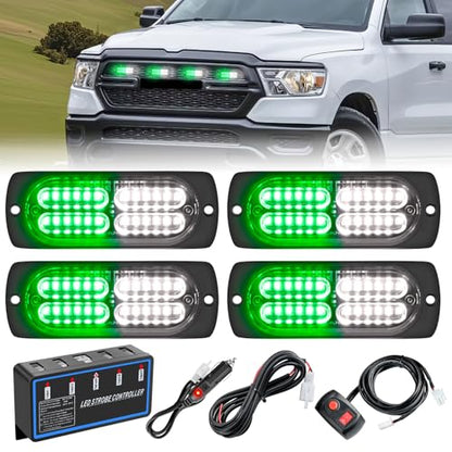 Nilight 4PCS LED Strobe lights 12V 24V Sync Feature Green White 24LED Emergency Hazard Warning Lights with Controller Hard Wire or Cigarette Lighter Plug for Car Truck RVs Campers - color: Green White w/Controller