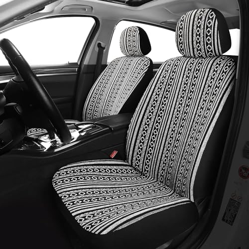 VarCozy Baja Saddle Blanket Seat Covers, Front Seat Covers for Sedan, SUV, Truck, Universal Stripe Colorful Woven Automotive Seat Cover, Breathable, Washable, Airbag Compatible - color: Black&White 02A, size: Front Pair