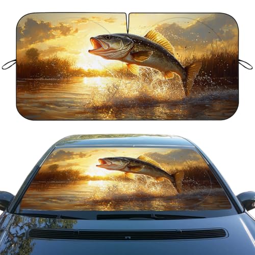 Fishing Car Window Sun Shield Largemouth Bass Jumping Sunset Lake Front Window Sun Shade Rays Sun Shade Visor Protector for Car Sedan Truck SUV Accessories 59" L x 31.5" W - color: Fishing