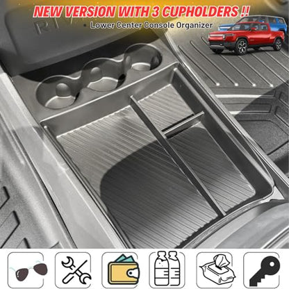 Lower Center Console Organizer Tray with Cup Holder/Armrest Organizer Storage Box Compatible with 2026 2025 2024 2023 2022 Rivian R1s R1t Interior Insert Accessories, Black - 2 Pack - style: Center Console Organizer