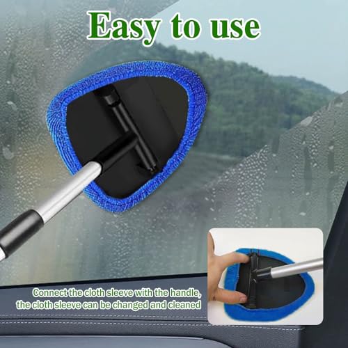Windshield Cleaning Tool, Car Window Cleaner with 4 Washable Reusable Microfiber Pads, Auto Interior Exterior Extendable Long Handle Glass Wiper Cleaning Kit Universal for Office and Home (Blue) - color: Blue