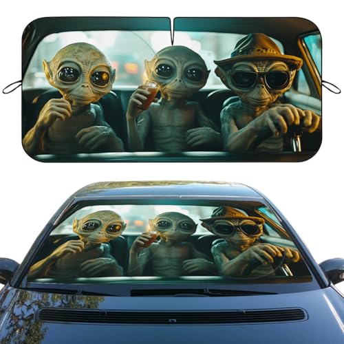 Funny Alien Car Windshield Sunshade - Folding Cute Martian Monster Heatshield Front Window Car Sun Shade Windshield Block UV Rays Sun Shade Visor Protector for Sedan Truck SUV Accessories - color: Funny Alien, size: 59"L x 31.5"W