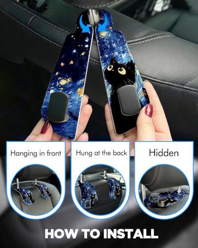 WOCOCN 2 Pack Car Purse Hook for Car Seat Headrest, Double-Sided PrintingPU Leather Purse Holder with Metal Hook, Cute Car Accessories for Women, Men (Car hook - Blue Starry Sky Cat A) - color: Car hook - Blue Starry Sky Cat A