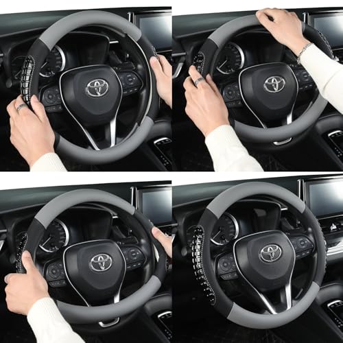 West Llama Nappa Leather Car Steering Wheel Cover Gel Massage,Cool in Summer,Universal 15 inch(Gray+Black-Standard Size) - color: F-Gray+Black, size: Standard size (14 ½''-15'')