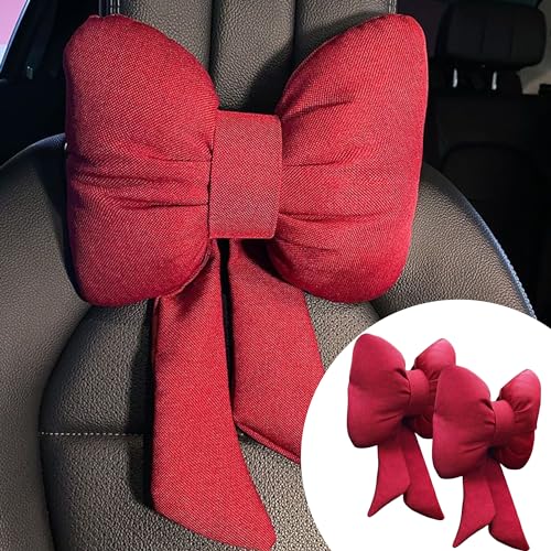 2PCS Chic Car Headrests with Bow-Shaped Cotton Linen Bowknot Neck Pillows for Cozy Road Trip & Cute Interior Decoration (Red) - color: Red