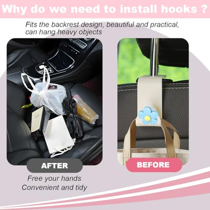 4 PCS Car Headrest Hook, Multifunctional Flower Vehicle Seat Back Storage Hook, Cute Automotive Seatback Organizer Hanger for Purse Grocery Bag Handbag, Universal Fit (Beige/Blue) - color: Beige/Blue