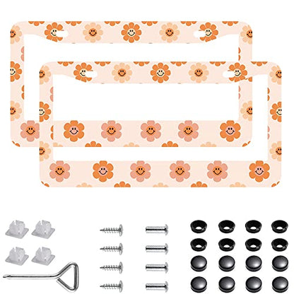 2Pcs Sunflower Retro License Plate Frames Cover Holders Stainless Steel Retro Flowers License Plate Cover with Screw Caps Cover and Screwdriver Set - 2-Hole for Girl Women - color: Smile Flower