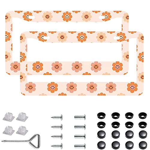 2Pcs Sunflower Retro License Plate Frames Cover Holders Stainless Steel Retro Flowers License Plate Cover with Screw Caps Cover and Screwdriver Set - 2-Hole for Girl Women - color: Smile Flower