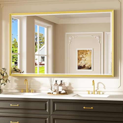 Keonjinn 60" x 36" Gold Bathroom Mirrors for Over Sink, Aluminum Alloy Framed Mirror, HD Tempered Glass with Beveled Edge, Shatterproof, Rustproof, Large Rectangle Brushed Gold Vanity Mirror for Wall - color: Gold, size: 36"L x 60"W