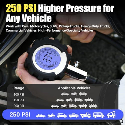 Digital Tire Pressure Gauge, 3-250 PSI Tire Gauges with Easy Read Extra-Large Backlit LED Screen for Car, Truck, Motorcycle, Bicycle Tire Pressure, Calibrated to ANSI B40.7 Grade 2A - size: 2.5" Digital LED - 250 PSI