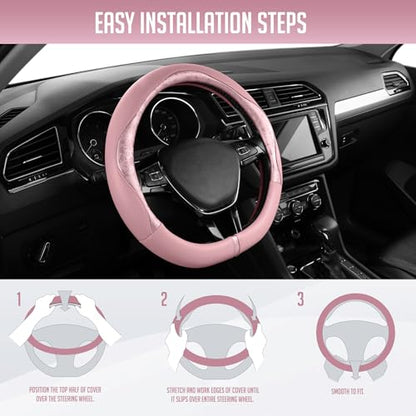 PIC AUTO Steering Wheel Cover, Pink Patterned Leather Patchwork Design, Universal Fit 14.5"–15.5" D-Shape Steering Cover, Soft PU Grain Leather, Durable Grip Car Accessory for Girls & Women - color: Fits D-Shape Pink