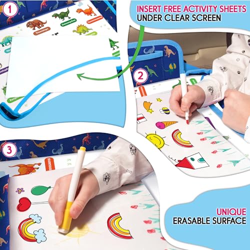 Kids Travel Tray - Waterproof Car Table with No-Drop Large Tablet Holder - Car Seat Tray - Road Trip Must Haves - Lap Desk Kids Organizer for Airplane - Toddler Travel Activities (Blue) - color: DINOSAUR