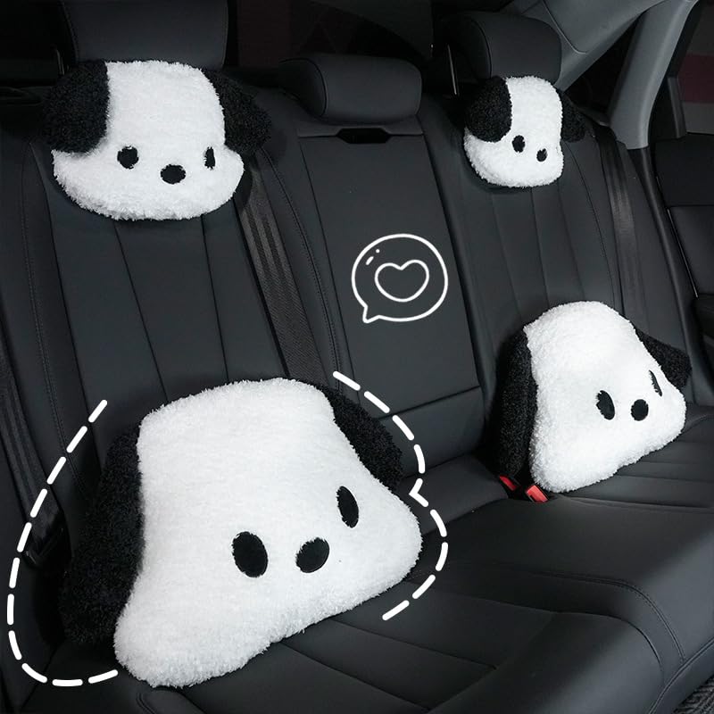 Cute Car Headrest & Lumbar Support Seat Cushion Adorable Black & White Dog Pattern, Comfortable & Durable Accessories Pillow, Set Includes 1Headrest &1 Lumbar Support