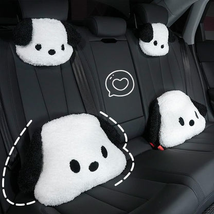 Cute Car Headrest & Lumbar Support Seat Cushion Adorable Black & White Dog Pattern, Comfortable & Durable Accessories Pillow, Set Includes 1Headrest &1 Lumbar Support