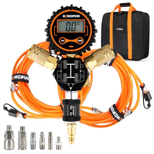 Kingfun 4 Tire Inflation & Deflation System, Rapid High Flow 4 Way Tire Inflator Hose Kit with Digital Pressure Gauge, Fits Up to 220" Wheelbase for Off-Road, Jeep, Truck, SUV