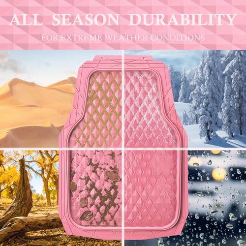 CAR PASS Heavy Duty Rubber Pink Car Floor Mats & Cargo Liners, Deep Dish All-Weather Trunk Mats Durable Anti-Slip 3D Rhombus Waterproof Trim to Fit Liner Universal Fit Auto,Sedan,SUV,Truck, Pink - color: pink with cargo liner