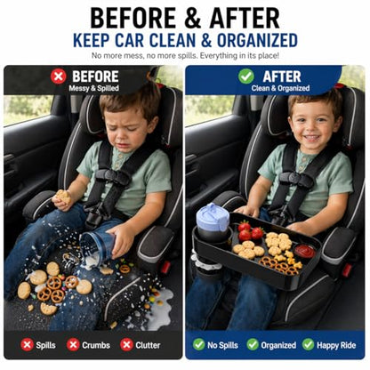 Car Seat Snack Tray for Toddlers, Reduces Mess Square Travel Tray Cup Holder Snack Tray, Durable Car Food Tray for Kids, Universal Fit Kids Travel Road Trip Essentials (Black) - color: Black