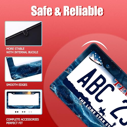 Blue Ocean Wave License Plate Frame Moon License Plate Stainless Steel Funny Auto Accessory Bracket 6.3 x12.3 Inch with Screws - color: Ocean Wave Moon
