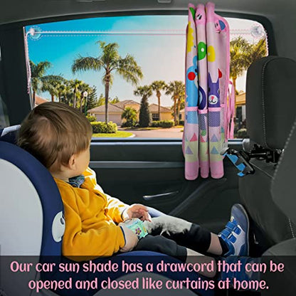DIZA100 Car Sun Shade for Window Baby (2 Pack), Blackout Window Shades with Storage Net Pocket, 7 Suction Cups, Cute Patterns for Sun/Heat/UV Rays Block - color: Pink-Animals 2PC