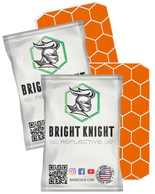 BRIGHT KNIGHT DECALS Hexagon Reflective Stickers for Helmet - Orange, Pack of 2, Motorcycle Helmet Stickers, 3M Waterproof Reflective Vinyl Tape for Hard Hats, Cars & Bike Decals for Night Visibility - color: Orange, size: 2 pk
